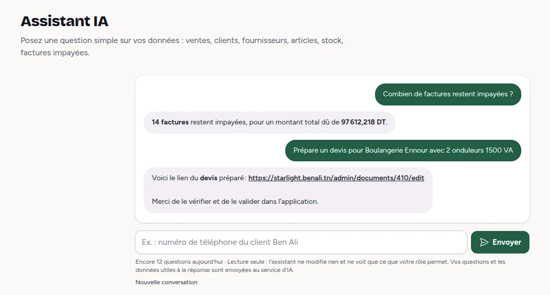 L'assistant IA répond à une question sur les factures impayées, puis prépare un brouillon de devis et en donne le lien