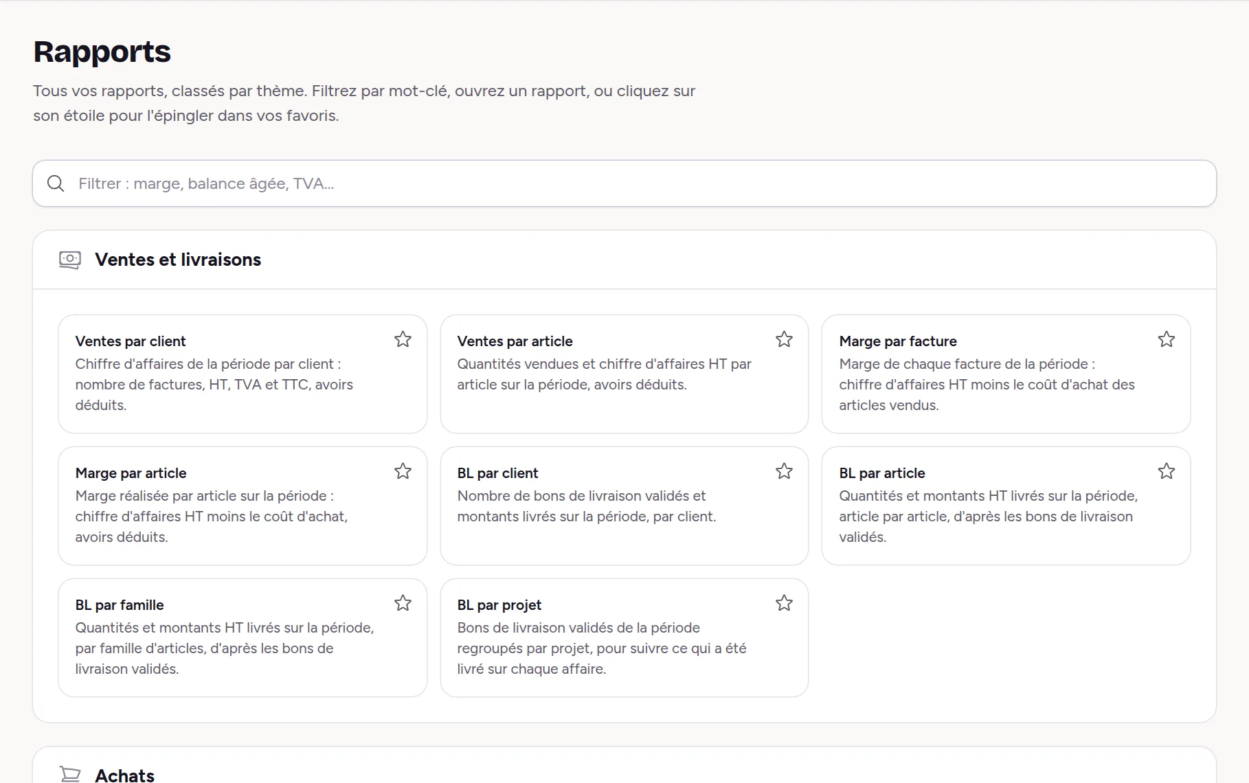Page des rapports : ventes par client, ventes par article, marge par facture, marge par article, bons de livraison par client